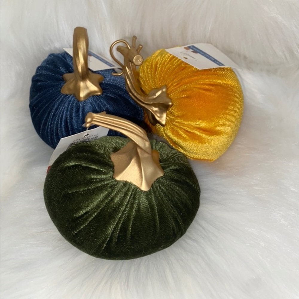 Lot of 3 Mini Velvet Pumpkins pumpkin Gold Green Blue